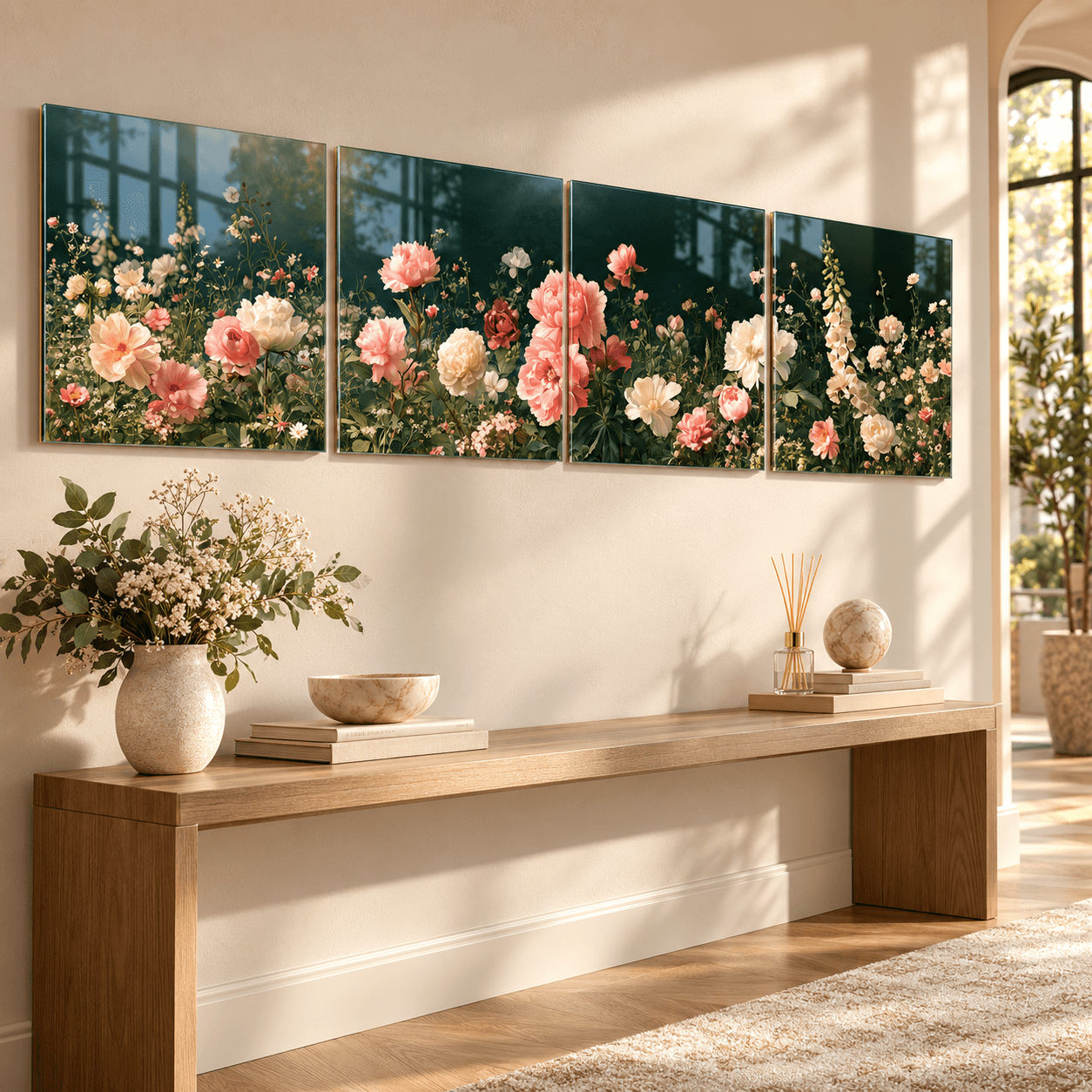 Moody peony garden glass panels hung above a wood console table in a sunlit entryway